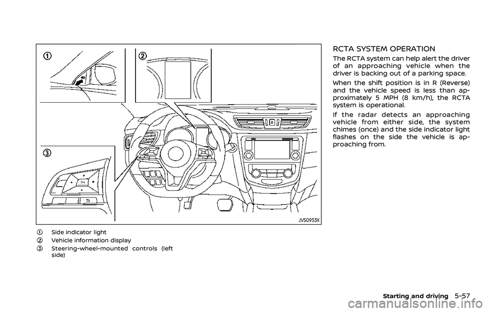 NISSAN ROGUE SPORT 2019  Owners Manual JVS0953X
Side indicator lightVehicle information displaySteering-wheel-mounted controls (left
side)
RCTA SYSTEM OPERATION
The RCTA system can help alert the driver
of an approaching vehicle when the
d