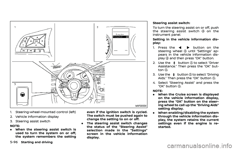 NISSAN ROGUE SPORT 2019  Owners Manual 5-96Starting and driving
WAF0055X
1. Steering-wheel-mounted control (left)
2. Vehicle information display
3. Steering assist switch
NOTE:
.When the steering assist switch is
used to turn the system on