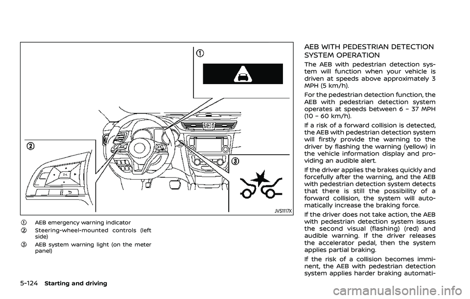 NISSAN ROGUE SPORT 2019  Owners Manual 5-124Starting and driving
JVS1117X
AEB emergency warning indicatorSteering-wheel-mounted controls (left
side)
AEB system warning light (on the meter
panel)
AEB WITH PEDESTRIAN DETECTION
SYSTEM OPERATI
