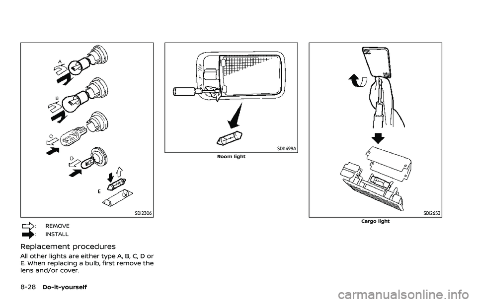 NISSAN ROGUE SPORT 2019 Owners Manual 8-28Do-it-yourself
SDI2306
: REMOVE
: INSTALL
Replacement procedures
All other lights are either type A, B, C, D or
E. When replacing a bulb, first remove the
lens and/or cover.
SDI1499A
Room light
SD NISSAN ROGUE SPORT 2019 Owners Manual 8-28Do-it-yourself
SDI2306
: REMOVE
: INSTALL
Replacement procedures
All other lights are either type A, B, C, D or
E. When replacing a bulb, first remove the
lens and/or cover.
SDI1499A
Room light
SD