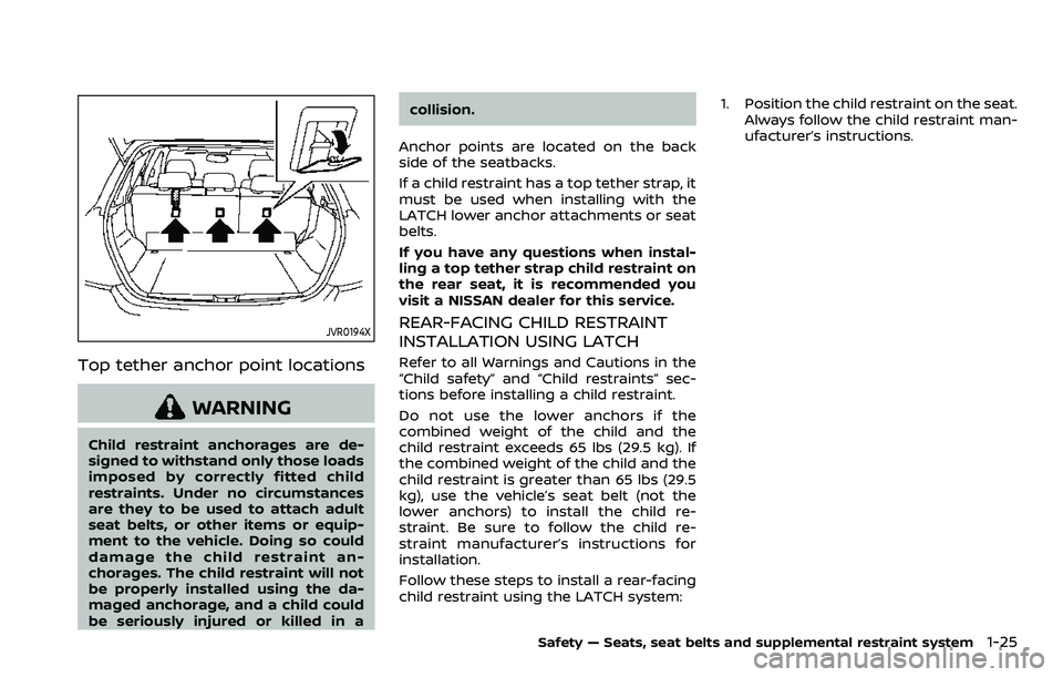 NISSAN ROGUE SPORT 2019 Service Manual JVR0194X
Top tether anchor point locations
WARNING
Child restraint anchorages are de-
signed to withstand only those loads
imposed by correctly fitted child
restraints. Under no circumstances
are they