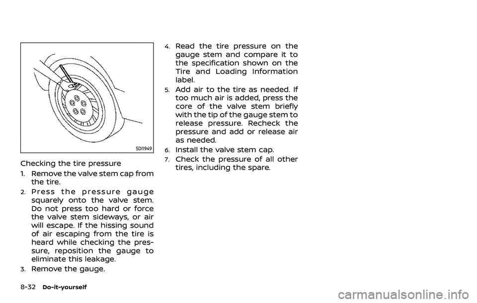 NISSAN ROGUE SPORT 2019  Owners Manual 8-32Do-it-yourself
SDI1949
Checking the tire pressure
1. Remove the valve stem cap fromthe tire.
2.Press the pressure gauge
squarely onto the valve stem.
Do not press too hard or force
the valve stem 