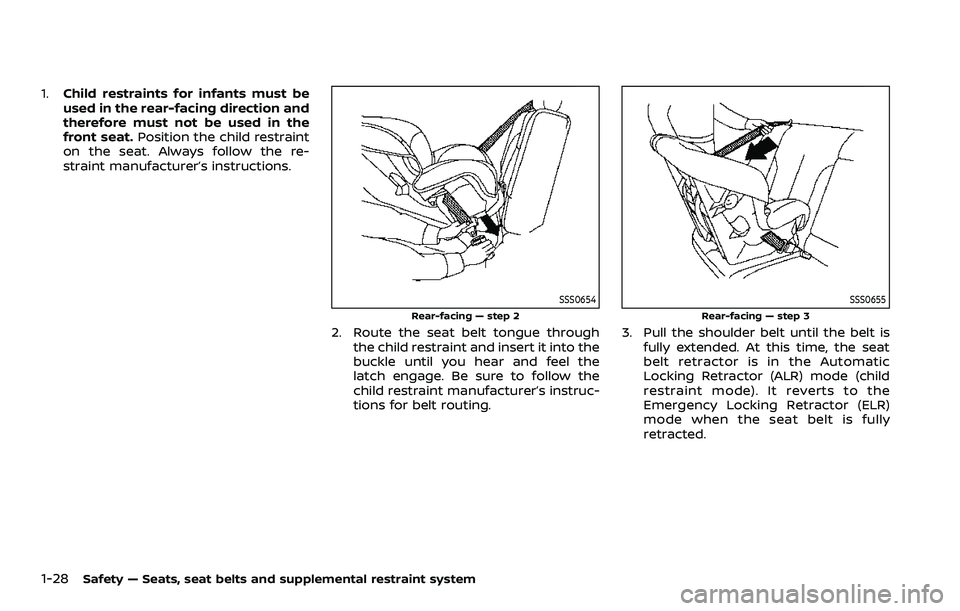 NISSAN ROGUE SPORT 2019 Service Manual 1-28Safety — Seats, seat belts and supplemental restraint system
1.Child restraints for infants must be
used in the rear-facing direction and
therefore must not be used in the
front seat. Position t