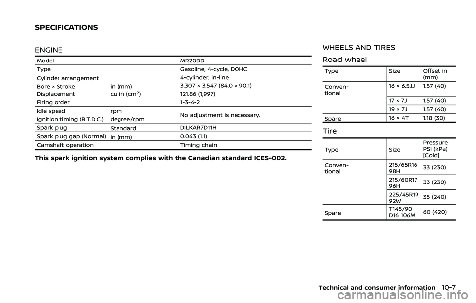 NISSAN ROGUE SPORT 2019  Owners Manual ENGINE
ModelMR20DD
Type Gasoline, 4-cycle, DOHC
Cylinder arrangement 4-cylinder, in-line
Bore × Stroke in (mm)3.307 × 3.547 (84.0 × 90.1)
Displacement cu in (cm
3)121.86 (1,997)
Firing order 1-3-4-