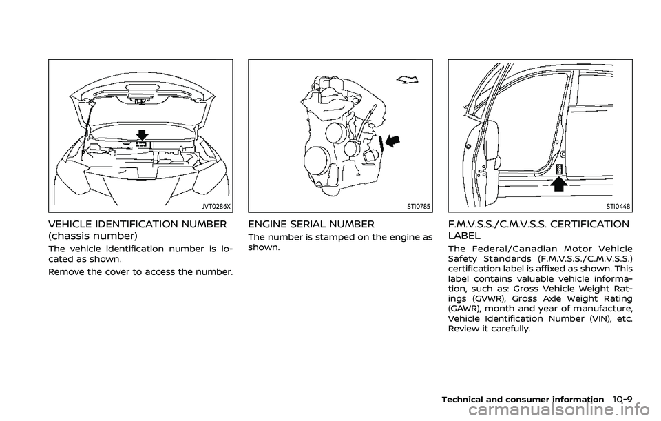 NISSAN ROGUE SPORT 2019  Owners Manual JVT0286X
VEHICLE IDENTIFICATION NUMBER
(chassis number)
The vehicle identification number is lo-
cated as shown.
Remove the cover to access the number.
STI0785
ENGINE SERIAL NUMBER
The number is stamp