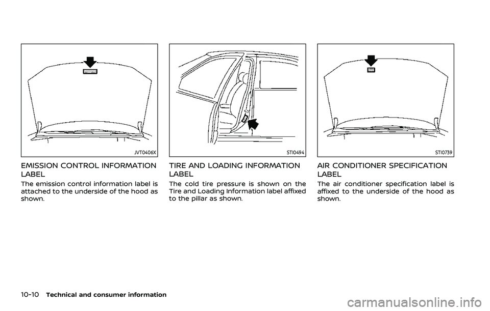 NISSAN ROGUE SPORT 2019  Owners Manual 10-10Technical and consumer information
JVT0406X
EMISSION CONTROL INFORMATION
LABEL
The emission control information label is
attached to the underside of the hood as
shown.
STI0494
TIRE AND LOADING I