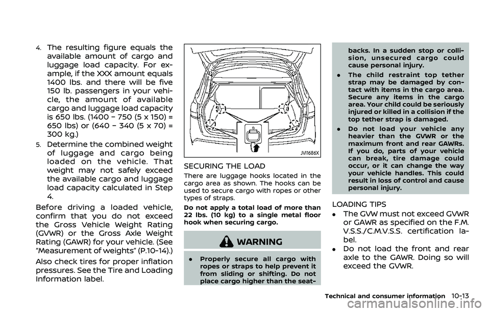 NISSAN ROGUE SPORT 2019 Owners Manual 4.The resulting figure equals the
available amount of cargo and
luggage load capacity. For ex-
ample, if the XXX amount equals
1400 lbs. and there will be five
150 lb. passengers in your vehi-
cle, th NISSAN ROGUE SPORT 2019 Owners Manual 4.The resulting figure equals the
available amount of cargo and
luggage load capacity. For ex-
ample, if the XXX amount equals
1400 lbs. and there will be five
150 lb. passengers in your vehi-
cle, th