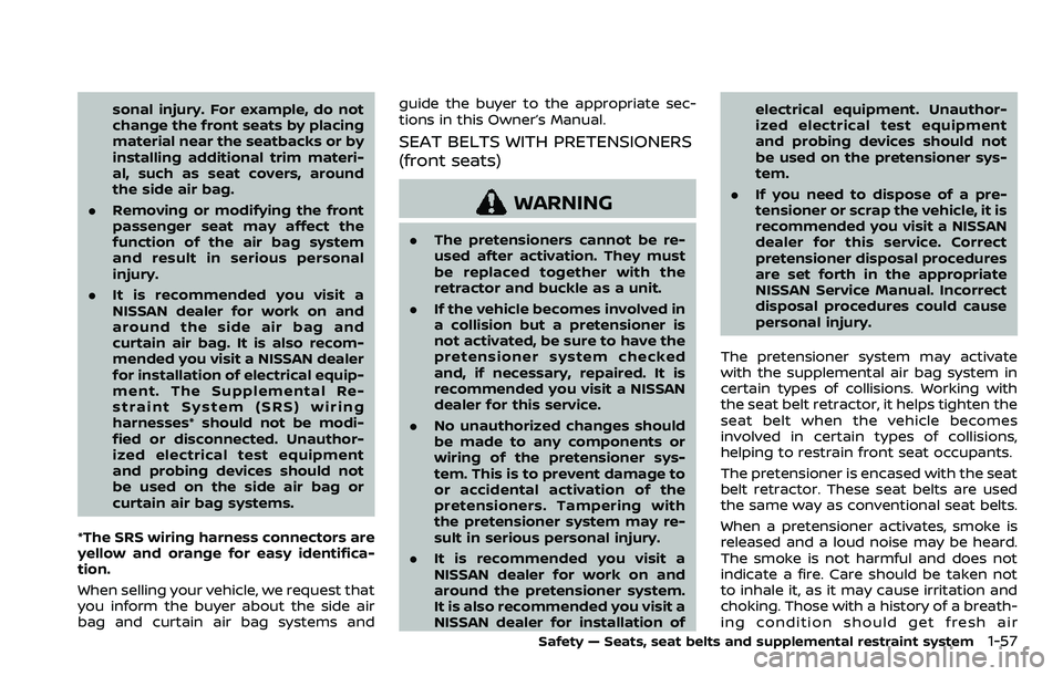 NISSAN ROGUE SPORT 2019 Manual PDF sonal injury. For example, do not
change the front seats by placing
material near the seatbacks or by
installing additional trim materi-
al, such as seat covers, around
the side air bag.
. Removing or NISSAN ROGUE SPORT 2019 Manual PDF sonal injury. For example, do not
change the front seats by placing
material near the seatbacks or by
installing additional trim materi-
al, such as seat covers, around
the side air bag.
. Removing or