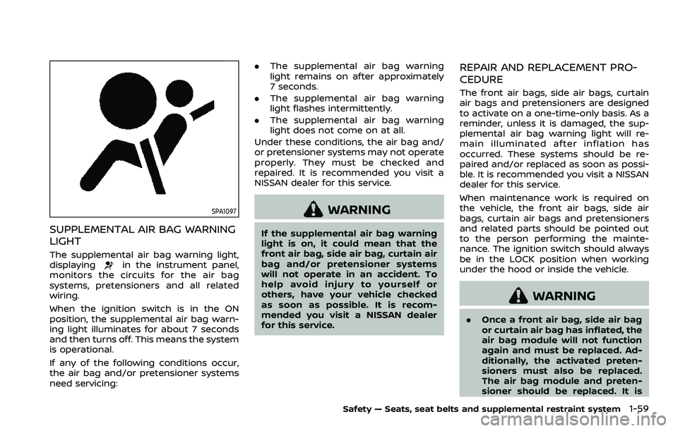 NISSAN ROGUE SPORT 2019 Manual PDF SPA1097
SUPPLEMENTAL AIR BAG WARNING
LIGHT
The supplemental air bag warning light,
displayingin the instrument panel,
monitors the circuits for the air bag
systems, pretensioners and all related
wirin NISSAN ROGUE SPORT 2019 Manual PDF SPA1097
SUPPLEMENTAL AIR BAG WARNING
LIGHT
The supplemental air bag warning light,
displayingin the instrument panel,
monitors the circuits for the air bag
systems, pretensioners and all related
wirin