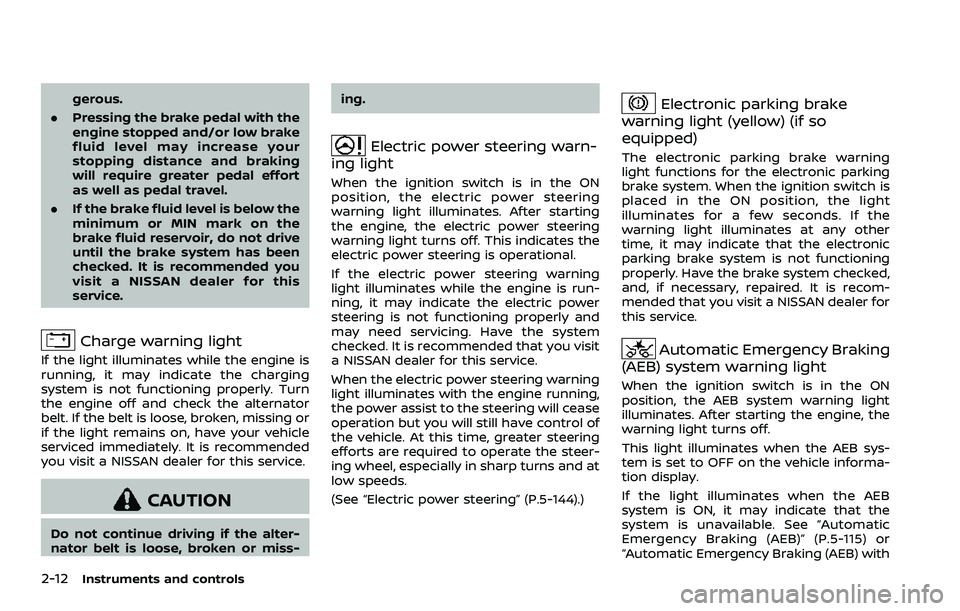 NISSAN ROGUE SPORT 2019 Owners Manual 2-12Instruments and controls
gerous.
. Pressing the brake pedal with the
engine stopped and/or low brake
fluid level may increase your
stopping distance and braking
will require greater pedal effort
a NISSAN ROGUE SPORT 2019 Owners Manual 2-12Instruments and controls
gerous.
. Pressing the brake pedal with the
engine stopped and/or low brake
fluid level may increase your
stopping distance and braking
will require greater pedal effort
a