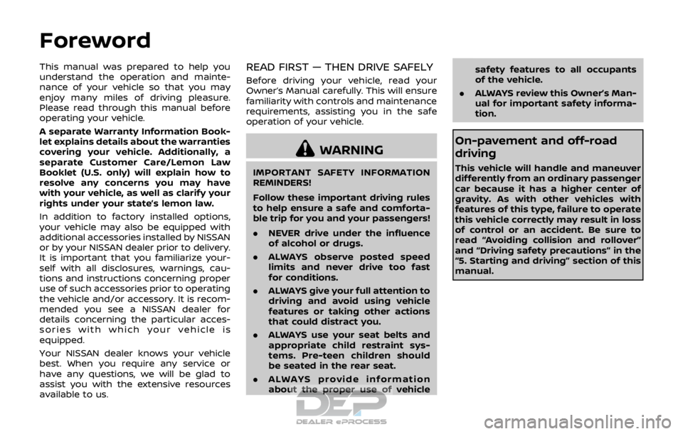 NISSAN ROGUE SPORT 2017 Owners Manual This manual was prepared to help you
understand the operation and mainte-
nance of your vehicle so that you may
enjoy many miles of driving pleasure.
Please read through this manual before
operating y NISSAN ROGUE SPORT 2017 Owners Manual This manual was prepared to help you
understand the operation and mainte-
nance of your vehicle so that you may
enjoy many miles of driving pleasure.
Please read through this manual before
operating y