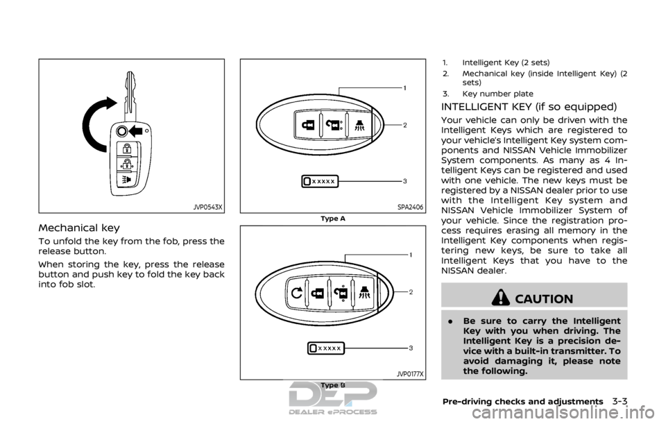 NISSAN ROGUE SPORT 2017 Owners Manual JVP0543X
Mechanical key
To unfold the key from the fob, press the
release button.
When storing the key, press the release
button and push key to fold the key back
into fob slot.
SPA2406
Type A
JVP0177 NISSAN ROGUE SPORT 2017 Owners Manual JVP0543X
Mechanical key
To unfold the key from the fob, press the
release button.
When storing the key, press the release
button and push key to fold the key back
into fob slot.
SPA2406
Type A
JVP0177