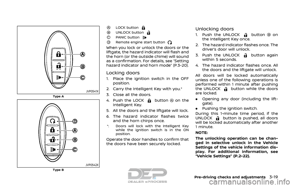 NISSAN ROGUE SPORT 2017 Owners Manual JVP0541X
Type A
JVP0542XType B
LOCK buttonUNLOCK buttonPANIC buttonRemote engine start button
When you lock or unlock the doors or the
liftgate, the hazard indicator will flash and
the horn (or the ou NISSAN ROGUE SPORT 2017 Owners Manual JVP0541X
Type A
JVP0542XType B
LOCK buttonUNLOCK buttonPANIC buttonRemote engine start button
When you lock or unlock the doors or the
liftgate, the hazard indicator will flash and
the horn (or the ou