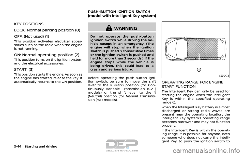NISSAN ROGUE SPORT 2017 Owners Manual 5-14Starting and driving
KEY POSITIONS
LOCK: Normal parking position (0)
OFF: (Not used) (1)
This position activates electrical acces-
sories such as the radio when the engine
is not running.
ON: Norm NISSAN ROGUE SPORT 2017 Owners Manual 5-14Starting and driving
KEY POSITIONS
LOCK: Normal parking position (0)
OFF: (Not used) (1)
This position activates electrical acces-
sories such as the radio when the engine
is not running.
ON: Norm