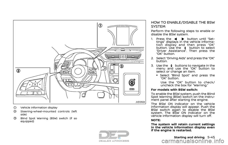 NISSAN ROGUE SPORT 2017  Owners Manual JVS1092X
Vehicle information displaySteering-wheel-mounted controls (left
side)
Blind Spot Warning (BSW) switch (if so
equipped)
HOW TO ENABLE/DISABLE THE BSW
SYSTEM
Perform the following steps to ena