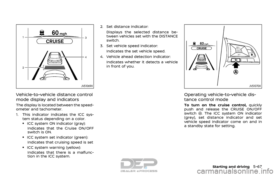 NISSAN ROGUE SPORT 2017 Owners Manual JVS1069X
Vehicle-to-vehicle distance control
mode display and indicators
The display is located between the speed-
ometer and tachometer.
1. This indicator indicates the ICC sys-tem status depending o NISSAN ROGUE SPORT 2017 Owners Manual JVS1069X
Vehicle-to-vehicle distance control
mode display and indicators
The display is located between the speed-
ometer and tachometer.
1. This indicator indicates the ICC sys-tem status depending o