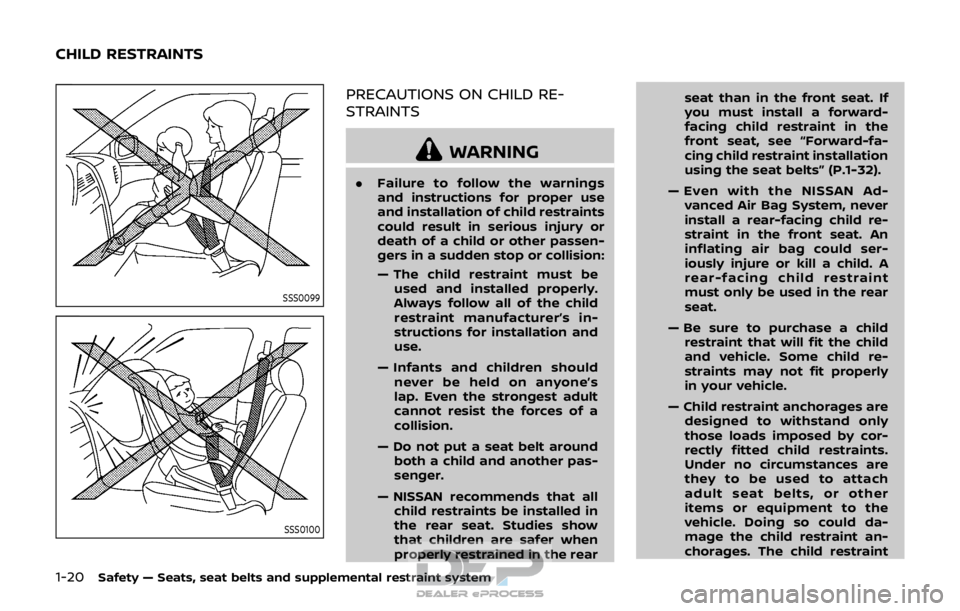 NISSAN ROGUE SPORT 2017 Owners Guide 1-20Safety — Seats, seat belts and supplemental restraint system
SSS0099
SSS0100
PRECAUTIONS ON CHILD RE-
STRAINTS
WARNING
.Failure to follow the warnings
and instructions for proper use
and install NISSAN ROGUE SPORT 2017 Owners Guide 1-20Safety — Seats, seat belts and supplemental restraint system
SSS0099
SSS0100
PRECAUTIONS ON CHILD RE-
STRAINTS
WARNING
.Failure to follow the warnings
and instructions for proper use
and install