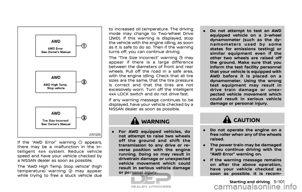 NISSAN ROGUE SPORT 2017  Owners Manual JVS1120X
If the “AWD Error” warningappears,
there may be a malfunction in the In-
telligent 4x4 system. Reduce vehicle
speed and have your vehicle checked by
a NISSAN dealer as soon as possible.
T