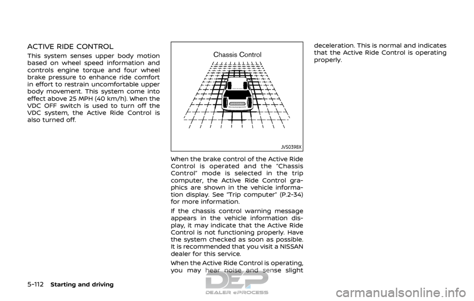 NISSAN ROGUE SPORT 2017 Owners Manual 5-112Starting and driving
ACTIVE RIDE CONTROL
This system senses upper body motion
based on wheel speed information and
controls engine torque and four wheel
brake pressure to enhance ride comfort
in NISSAN ROGUE SPORT 2017 Owners Manual 5-112Starting and driving
ACTIVE RIDE CONTROL
This system senses upper body motion
based on wheel speed information and
controls engine torque and four wheel
brake pressure to enhance ride comfort
in