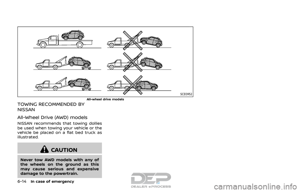 NISSAN ROGUE SPORT 2017 Owners Manual 6-14In case of emergency
SCE0952
All-wheel drive models
TOWING RECOMMENDED BY
NISSAN
All-Wheel Drive (AWD) models
NISSAN recommends that towing dollies
be used when towing your vehicle or the
vehicle NISSAN ROGUE SPORT 2017 Owners Manual 6-14In case of emergency
SCE0952
All-wheel drive models
TOWING RECOMMENDED BY
NISSAN
All-Wheel Drive (AWD) models
NISSAN recommends that towing dollies
be used when towing your vehicle or the
vehicle