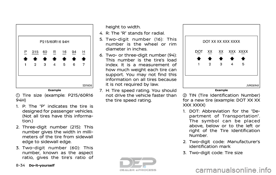 NISSAN ROGUE SPORT 2017 Owners Manual 8-34Do-it-yourself
SDI1606
Example
Tire size (example: P215/60R16
94H)
1. P: The “P” indicates the tire is designed for passenger vehicles.
(Not all tires have this informa-
tion.)
2. Three-digit NISSAN ROGUE SPORT 2017 Owners Manual 8-34Do-it-yourself
SDI1606
Example
Tire size (example: P215/60R16
94H)
1. P: The “P” indicates the tire is designed for passenger vehicles.
(Not all tires have this informa-
tion.)
2. Three-digit