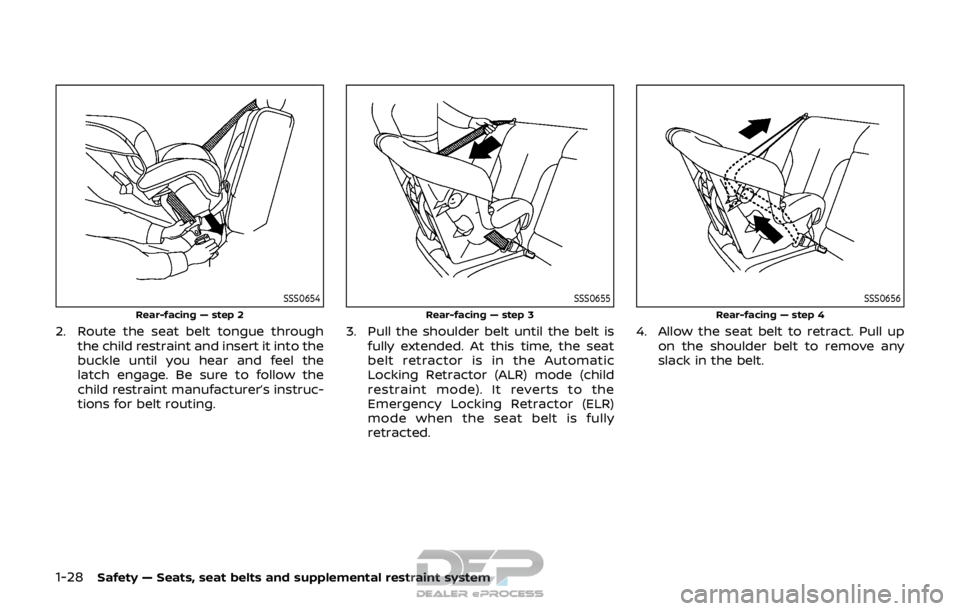 NISSAN ROGUE SPORT 2017 Service Manual 1-28Safety — Seats, seat belts and supplemental restraint system
SSS0654
Rear-facing — step 2
2. Route the seat belt tongue throughthe child restraint and insert it into the
buckle until you hear 