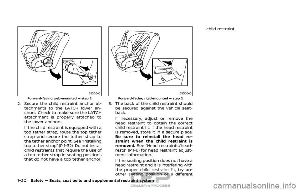NISSAN ROGUE SPORT 2017 Service Manual 1-30Safety — Seats, seat belts and supplemental restraint system
SSS0645
Forward-facing web-mounted — step 2
2. Secure the child restraint anchor at-tachments to the LATCH lower an-
chors. Check t