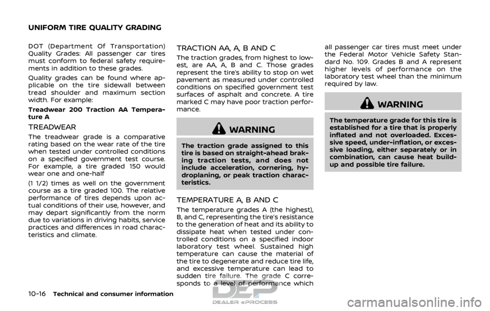 NISSAN ROGUE SPORT 2017 Owners Manual 10-16Technical and consumer information
DOT (Department Of Transportation)
Quality Grades: All passenger car tires
must conform to federal safety require-
ments in addition to these grades.
Quality gr NISSAN ROGUE SPORT 2017 Owners Manual 10-16Technical and consumer information
DOT (Department Of Transportation)
Quality Grades: All passenger car tires
must conform to federal safety require-
ments in addition to these grades.
Quality gr