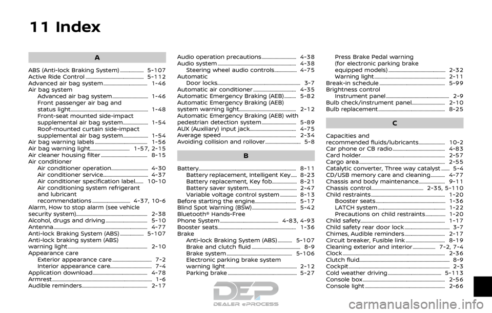 NISSAN ROGUE SPORT 2017 Owners Manual 11 Index
A
ABS (Anti-lock Braking System) .................... 5-107
Active Ride Control ................................................. 5-112
Advanced air bag system ............................... NISSAN ROGUE SPORT 2017 Owners Manual 11 Index
A
ABS (Anti-lock Braking System) .................... 5-107
Active Ride Control ................................................. 5-112
Advanced air bag system ...............................