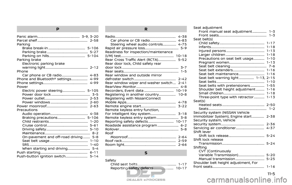 NISSAN ROGUE SPORT 2017 Owners Manual P
Panic alarm............................................................ 3-9, 3-20
Parcel shelf ....................................................................... 2-58
ParkingBrake break-in .... NISSAN ROGUE SPORT 2017 Owners Manual P
Panic alarm............................................................ 3-9, 3-20
Parcel shelf ....................................................................... 2-58
ParkingBrake break-in ....