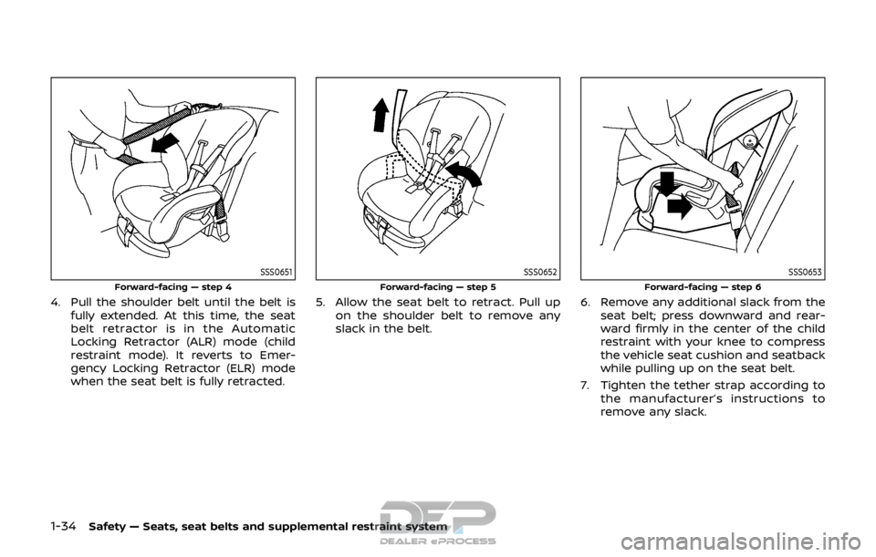 NISSAN ROGUE SPORT 2017 Workshop Manual 1-34Safety — Seats, seat belts and supplemental restraint system
SSS0651
Forward-facing — step 4
4. Pull the shoulder belt until the belt isfully extended. At this time, the seat
belt retractor is NISSAN ROGUE SPORT 2017 Workshop Manual 1-34Safety — Seats, seat belts and supplemental restraint system
SSS0651
Forward-facing — step 4
4. Pull the shoulder belt until the belt isfully extended. At this time, the seat
belt retractor is