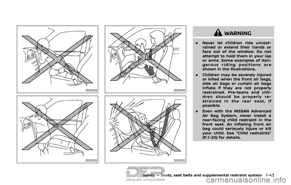 NISSAN ROGUE SPORT 2017 Repair Manual SSS0008
SSS0009
SSS0099
SSS0100
WARNING
.Never let children ride unrest-
rained or extend their hands or
face out of the window. Do not
attempt to hold them in your lap
or arms. Some examples of dan-
NISSAN ROGUE SPORT 2017 Repair Manual SSS0008
SSS0009
SSS0099
SSS0100
WARNING
.Never let children ride unrest-
rained or extend their hands or
face out of the window. Do not
attempt to hold them in your lap
or arms. Some examples of dan-