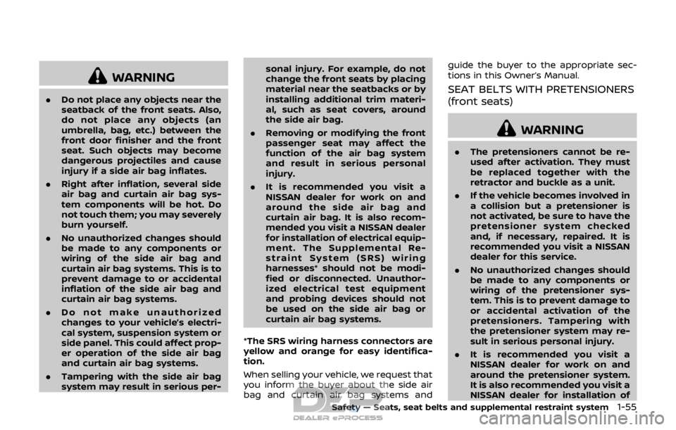 NISSAN ROGUE SPORT 2017 Manual PDF WARNING
.Do not place any objects near the
seatback of the front seats. Also,
do not place any objects (an
umbrella, bag, etc.) between the
front door finisher and the front
seat. Such objects may bec NISSAN ROGUE SPORT 2017 Manual PDF WARNING
.Do not place any objects near the
seatback of the front seats. Also,
do not place any objects (an
umbrella, bag, etc.) between the
front door finisher and the front
seat. Such objects may bec