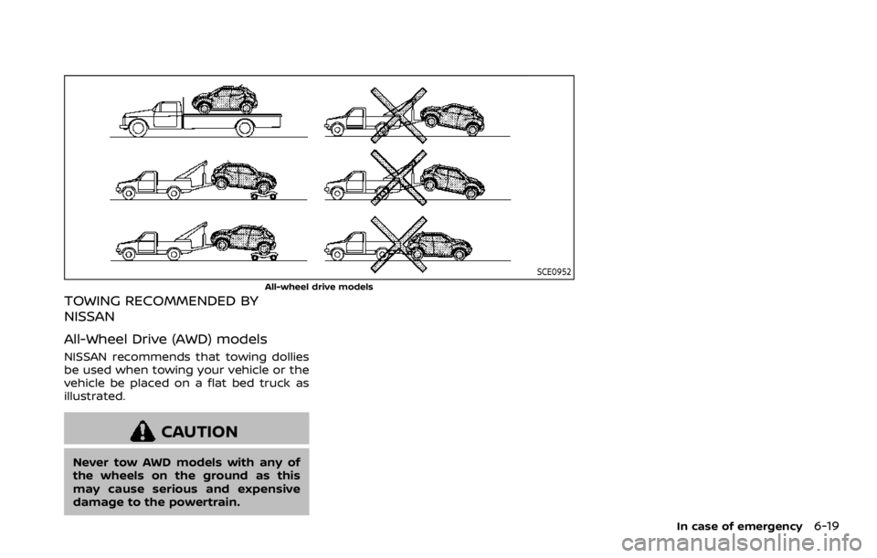 NISSAN ROGUE 2022  Owners Manual SCE0952
All-wheel drive models
TOWING RECOMMENDED BY
NISSAN
All-Wheel Drive (AWD) models
NISSAN recommends that towing dollies
be used when towing your vehicle or the
vehicle be placed on a flat bed t