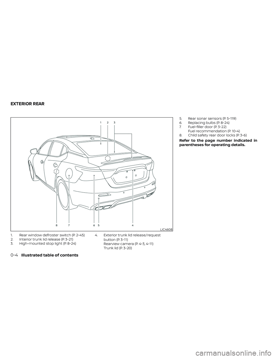 NISSAN MAXIMA 2023 Owners Manual 1. Rear window defroster switch (P. 2-45)
2. Interior trunk lid release (P. 3-21)
3. High-mounted stop light (P. 8-24)4. Exterior trunk lid release/request
button (P. 3-11)
Rearview camera (P. 4-3, 4- NISSAN MAXIMA 2023 Owners Manual 1. Rear window defroster switch (P. 2-45)
2. Interior trunk lid release (P. 3-21)
3. High-mounted stop light (P. 8-24)4. Exterior trunk lid release/request
button (P. 3-11)
Rearview camera (P. 4-3, 4-
