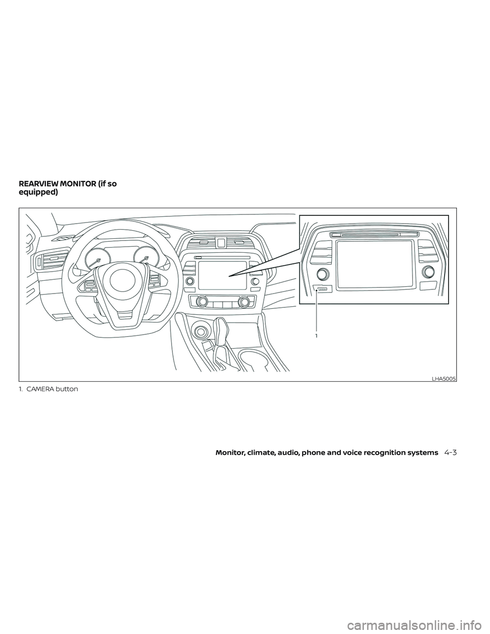 NISSAN MAXIMA 2023  Owners Manual 1. CAMERA button
LHA5005
REARVIEW MONITOR (if so
equipped)
Monitor, climate, audio, phone and voice recognition systems4-3 