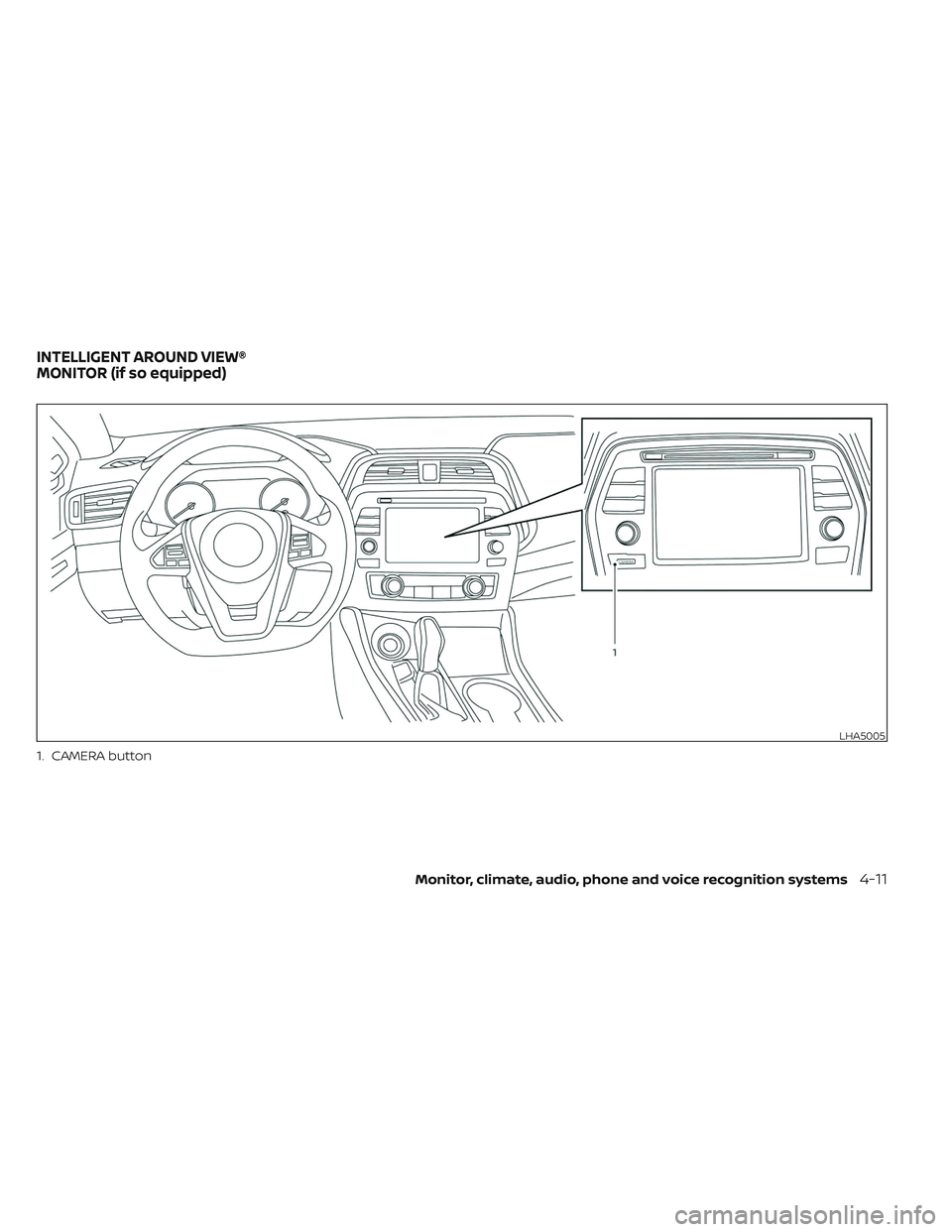 NISSAN MAXIMA 2023 Owners Manual 1. CAMERA button
LHA5005
INTELLIGENT AROUND VIEW®
MONITOR (if so equipped)
Monitor, climate, audio, phone and voice recognition systems4-11 NISSAN MAXIMA 2023 Owners Manual 1. CAMERA button
LHA5005
INTELLIGENT AROUND VIEW®
MONITOR (if so equipped)
Monitor, climate, audio, phone and voice recognition systems4-11