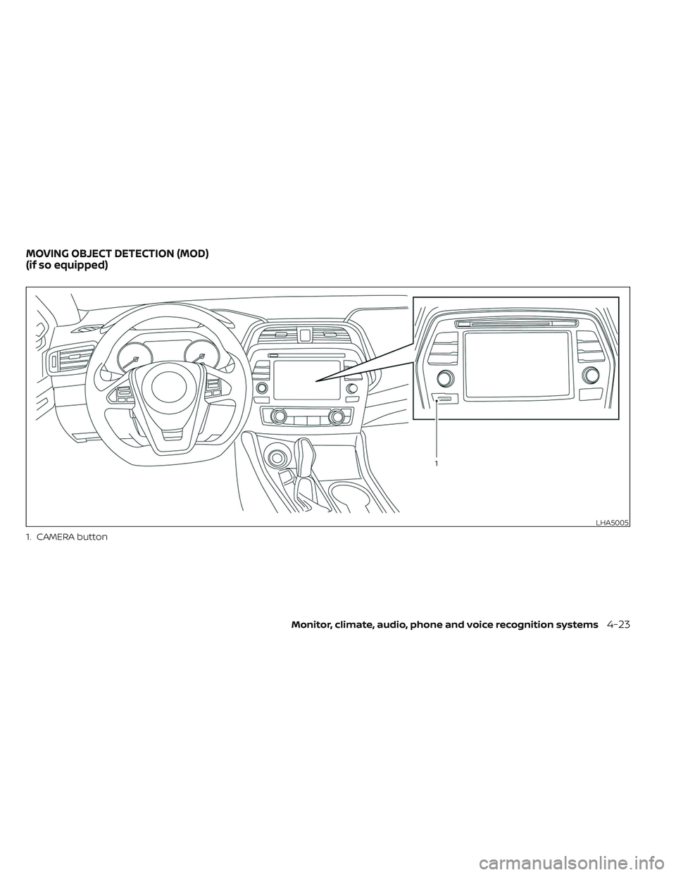 NISSAN MAXIMA 2023 Owners Manual 1. CAMERA button
LHA5005
MOVING OBJECT DETECTION (MOD)
(if so equipped)
Monitor, climate, audio, phone and voice recognition systems4-23 NISSAN MAXIMA 2023 Owners Manual 1. CAMERA button
LHA5005
MOVING OBJECT DETECTION (MOD)
(if so equipped)
Monitor, climate, audio, phone and voice recognition systems4-23