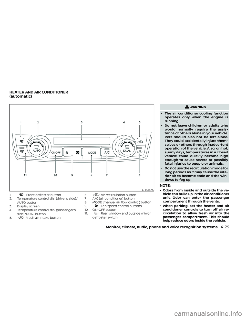 NISSAN MAXIMA 2023 Manual Online 1.Front defroster button
2. Temperature control dial (driver’s side)/
AUTO button
3. Display screen
4. Temperature control dial (passenger’s
side)/DUAL button
5.
Fresh air intake button 6.
Air rec NISSAN MAXIMA 2023 Manual Online 1.Front defroster button
2. Temperature control dial (driver’s side)/
AUTO button
3. Display screen
4. Temperature control dial (passenger’s
side)/DUAL button
5.
Fresh air intake button 6.
Air rec