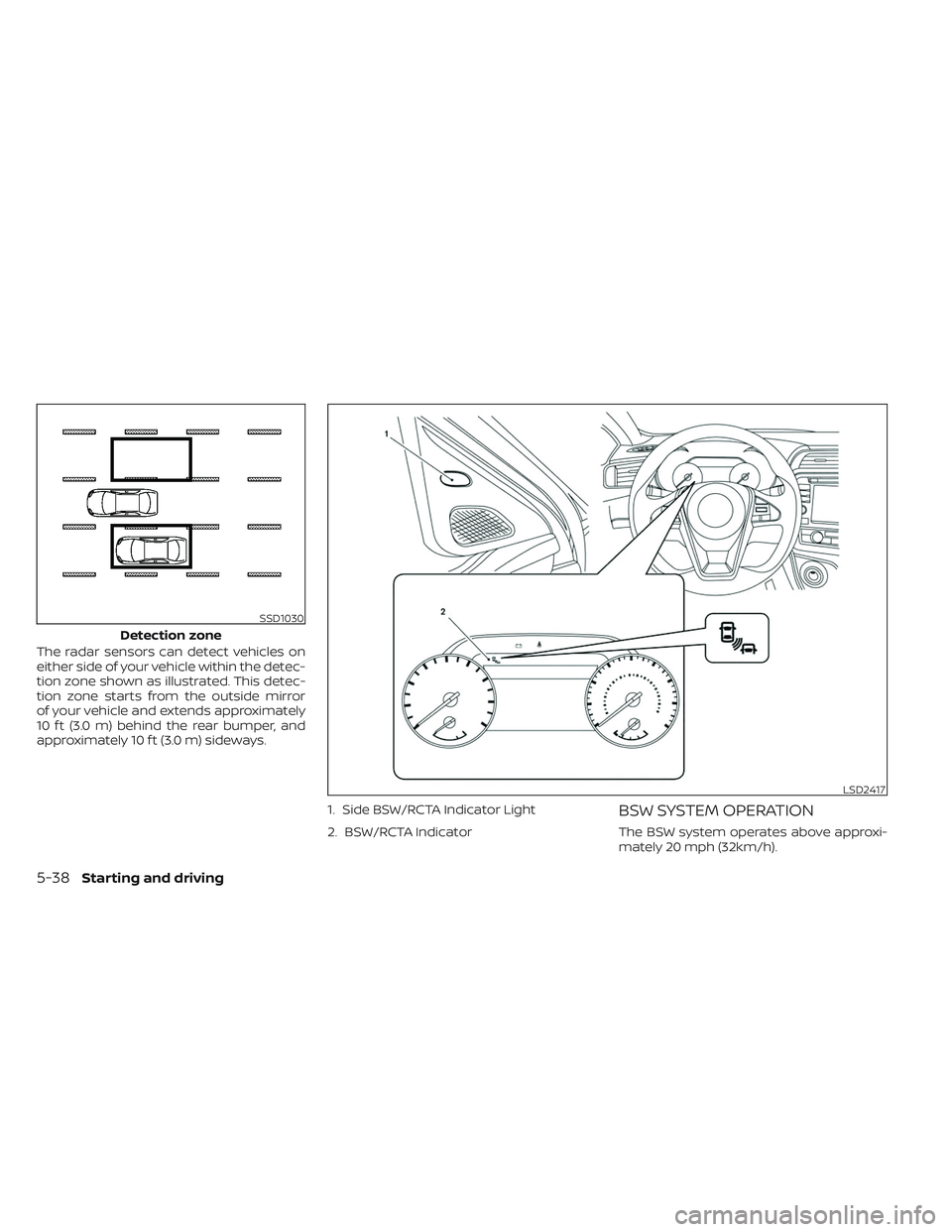 NISSAN MAXIMA 2023 Owners Manual The radar sensors can detect vehicles on
either side of your vehicle within the detec-
tion zone shown as illustrated. This detec-
tion zone starts from the outside mirror
of your vehicle and extends NISSAN MAXIMA 2023 Owners Manual The radar sensors can detect vehicles on
either side of your vehicle within the detec-
tion zone shown as illustrated. This detec-
tion zone starts from the outside mirror
of your vehicle and extends