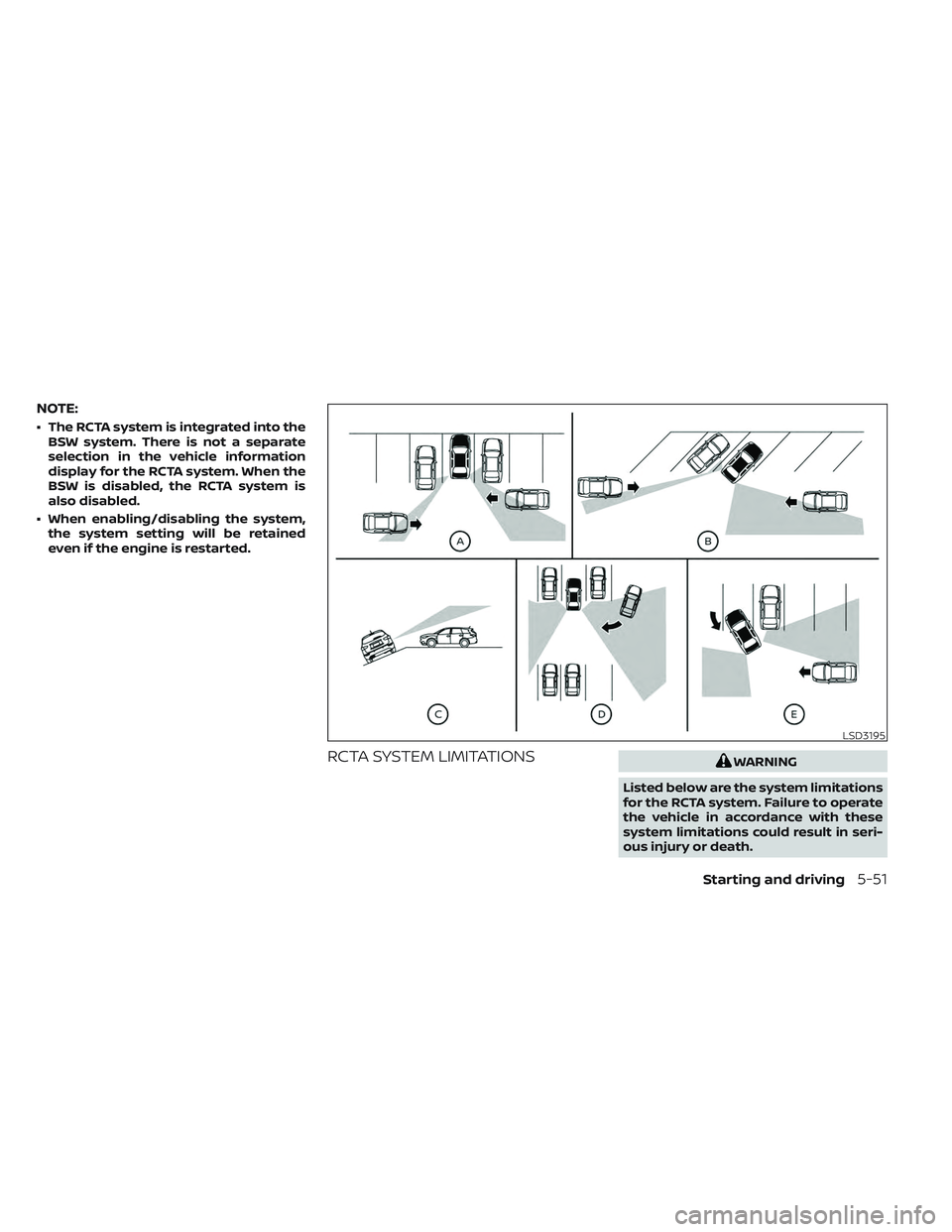 NISSAN MAXIMA 2023 Owners Manual NOTE:
• The RCTA system is integrated into theBSW system. There is not a separate
selection in the vehicle information
display for the RCTA system. When the
BSW is disabled, the RCTA system is
also NISSAN MAXIMA 2023 Owners Manual NOTE:
• The RCTA system is integrated into theBSW system. There is not a separate
selection in the vehicle information
display for the RCTA system. When the
BSW is disabled, the RCTA system is
also