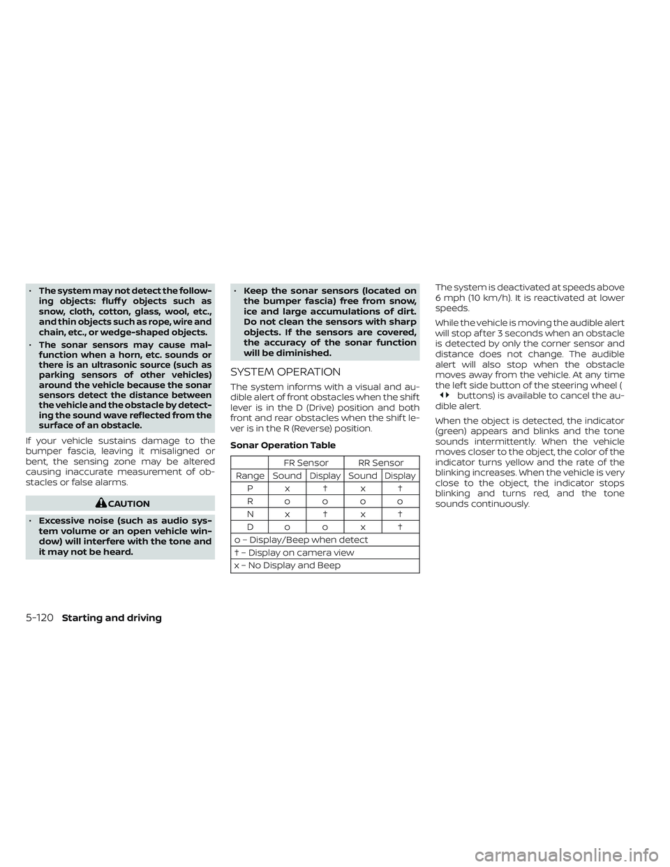 NISSAN MAXIMA 2023 Repair Manual •The system may not detect the follow-
ing objects: fluff y objects such as
snow, cloth, cotton, glass, wool, etc.,
and thin objects such as rope, wire and
chain, etc., or wedge-shaped objects.
•T NISSAN MAXIMA 2023 Repair Manual •The system may not detect the follow-
ing objects: fluff y objects such as
snow, cloth, cotton, glass, wool, etc.,
and thin objects such as rope, wire and
chain, etc., or wedge-shaped objects.
•T