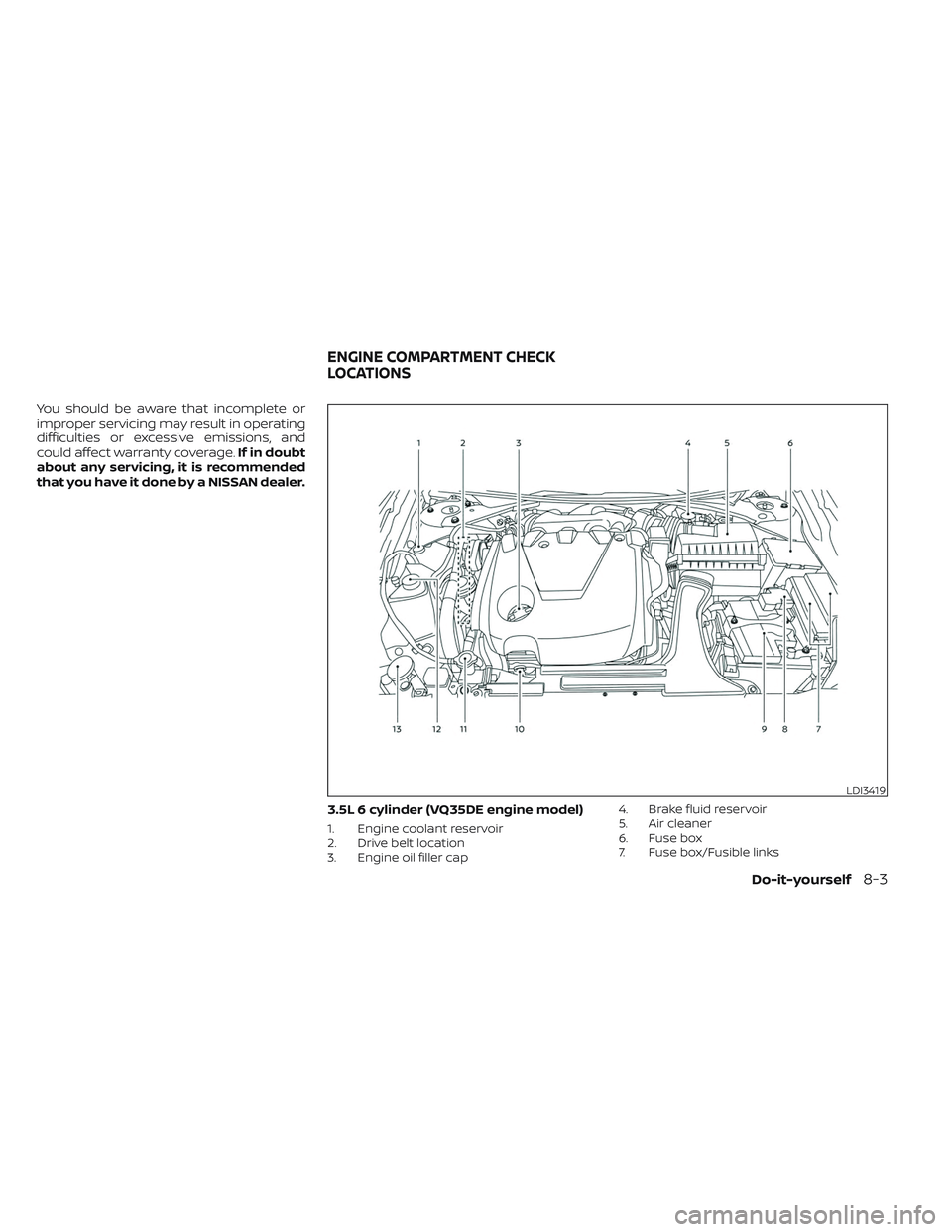 NISSAN MAXIMA 2023 Owners Manual You should be aware that incomplete or
improper servicing may result in operating
difficulties or excessive emissions, and
could affect warranty coverage.If in doubt
about any servicing, it is recomme NISSAN MAXIMA 2023 Owners Manual You should be aware that incomplete or
improper servicing may result in operating
difficulties or excessive emissions, and
could affect warranty coverage.If in doubt
about any servicing, it is recomme