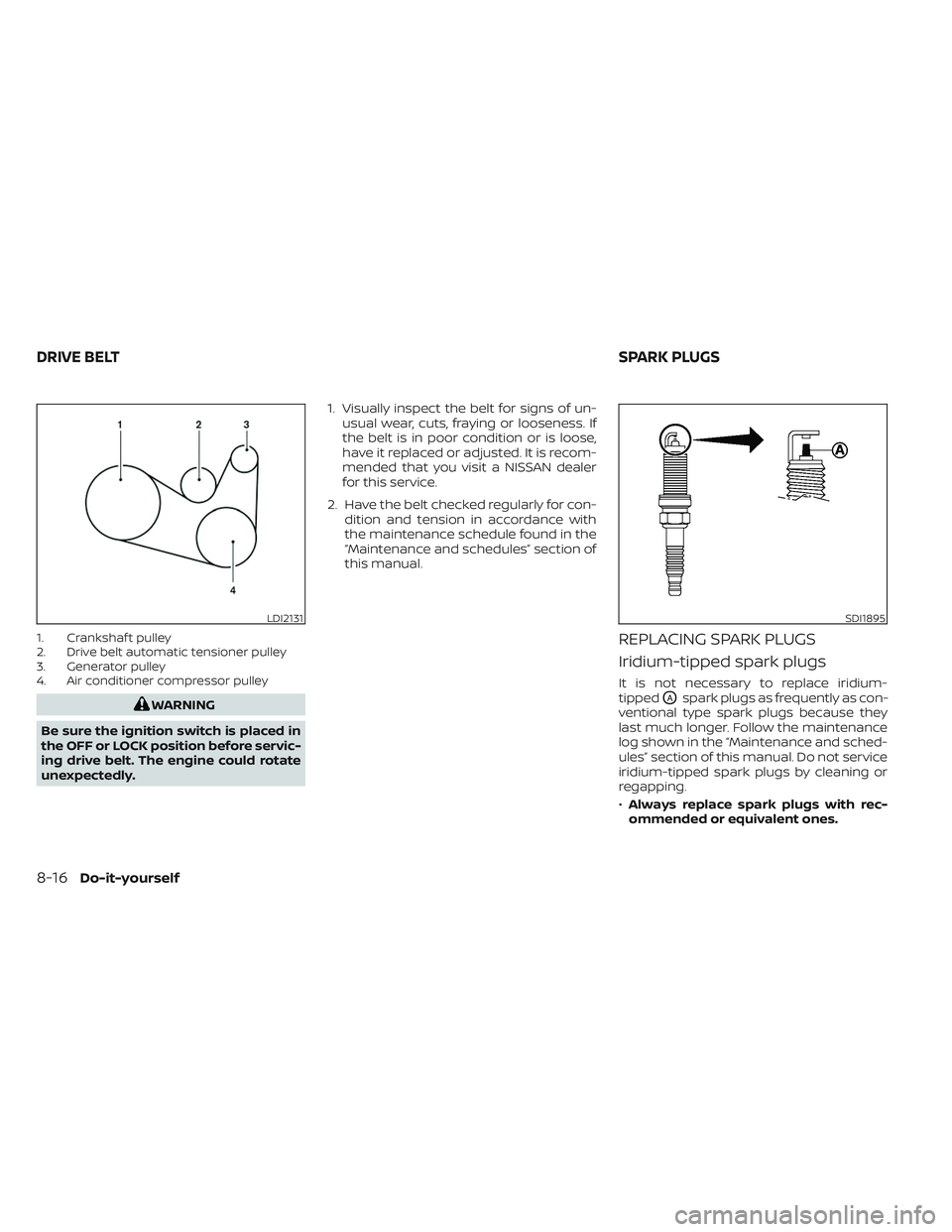 NISSAN MAXIMA 2023 Workshop Manual 1. Crankshaf t pulley
2. Drive belt automatic tensioner pulley
3. Generator pulley
4. Air conditioner compressor pulley
WARNING
Be sure the ignition switch is placed in
the OFF or LOCK position before NISSAN MAXIMA 2023 Workshop Manual 1. Crankshaf t pulley
2. Drive belt automatic tensioner pulley
3. Generator pulley
4. Air conditioner compressor pulley
WARNING
Be sure the ignition switch is placed in
the OFF or LOCK position before