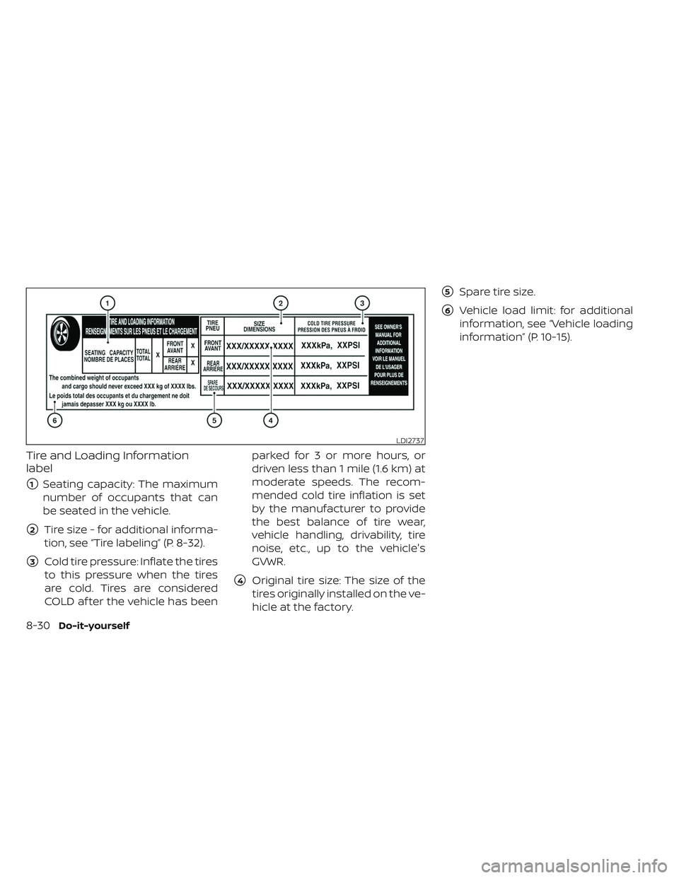 NISSAN MAXIMA 2023  Owners Manual Tire and Loading Information
label
1Seating capacity: The maximum
number of occupants that can
be seated in the vehicle.
2Tire size - for additional informa-
tion, see “Tire labeling” (P. 8-32).