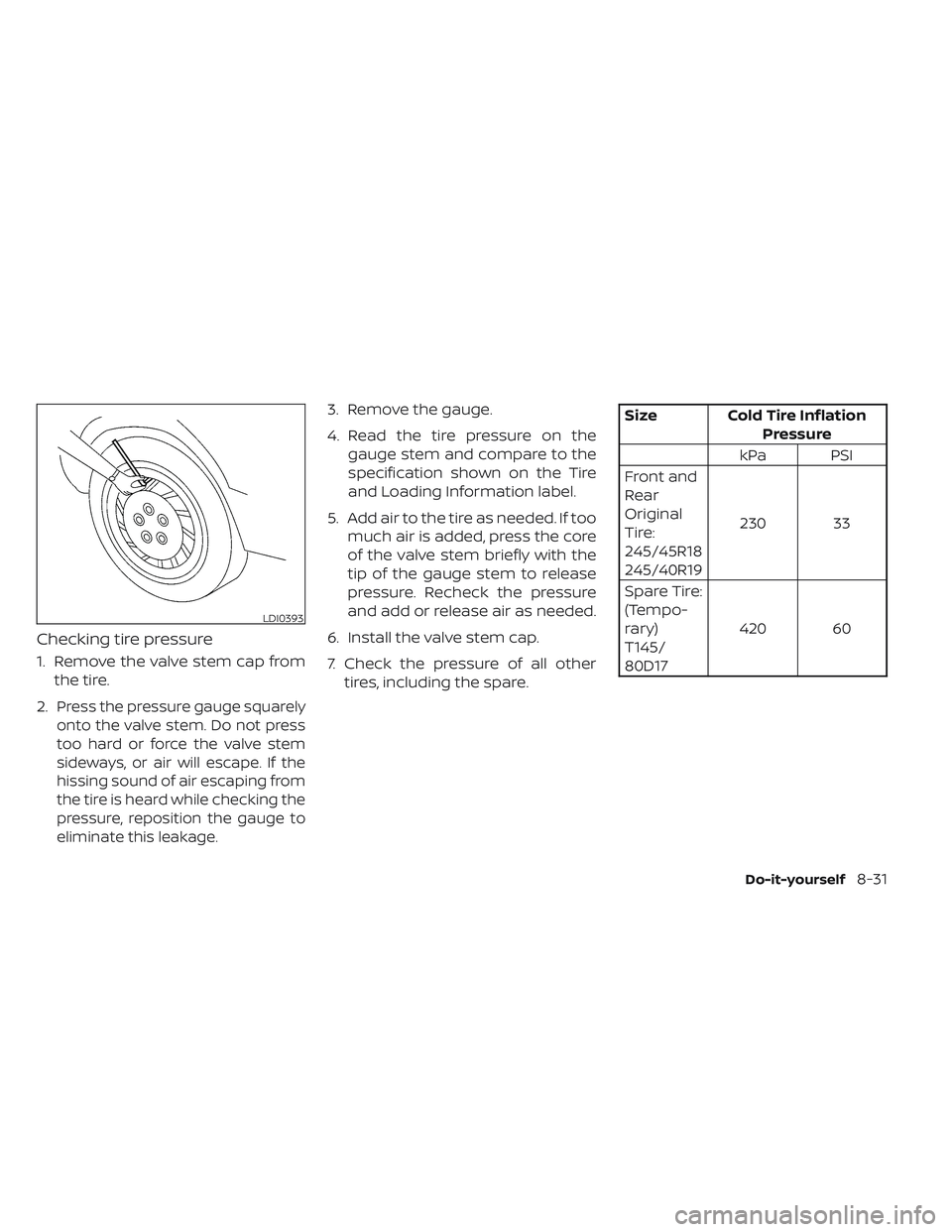 NISSAN MAXIMA 2023  Owners Manual Checking tire pressure
1. Remove the valve stem cap fromthe tire.
2.
Press the pressure gauge squarely
onto the valve stem. Do not press
too hard or force the valve stem
sideways, or air will escape. 