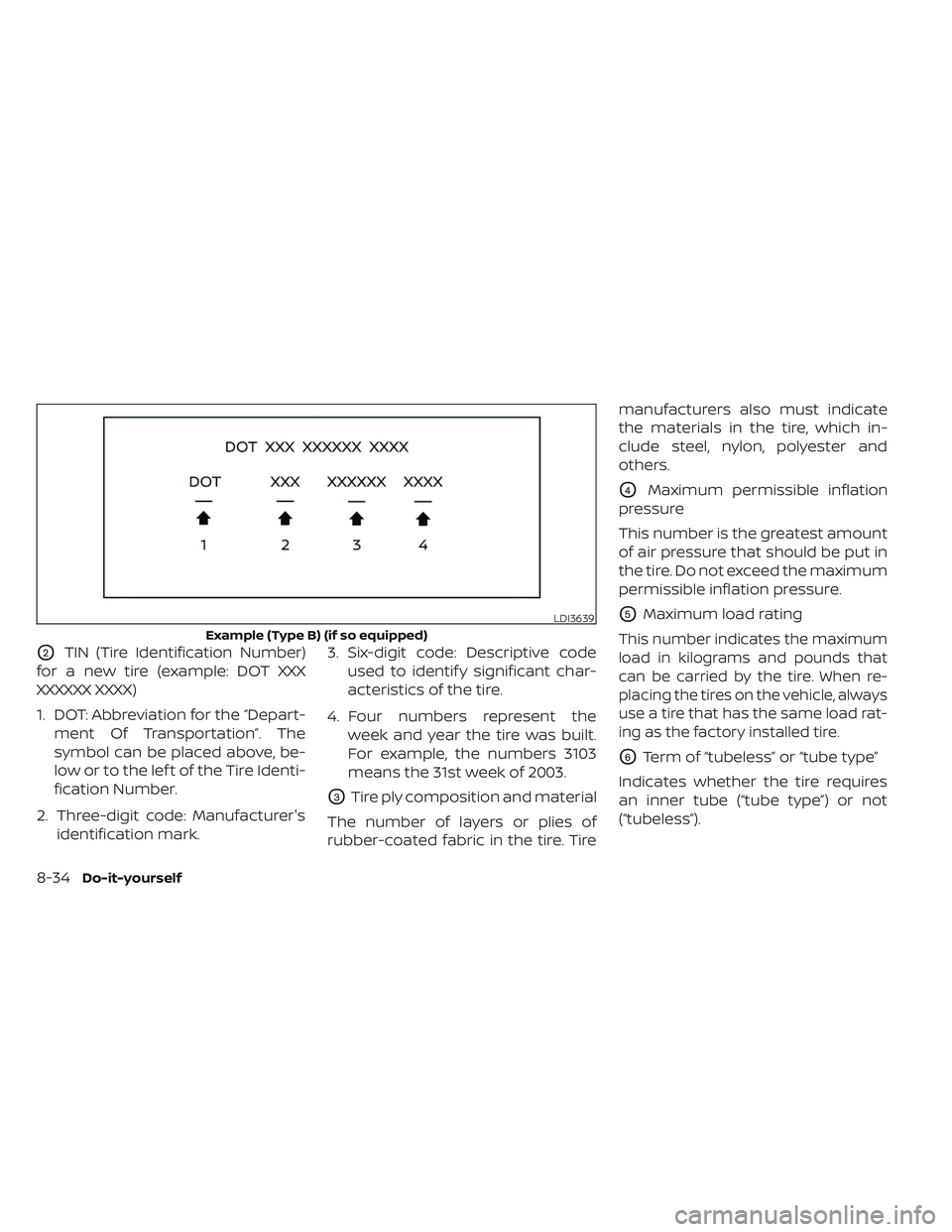 NISSAN MAXIMA 2023  Owners Manual O2TIN (Tire Identification Number)
for a new tire (example: DOT XXX
XXXXXX XXXX)
1. DOT: Abbreviation for the “Depart- ment Of Transportation”. The
symbol can be placed above, be-
low or to the le