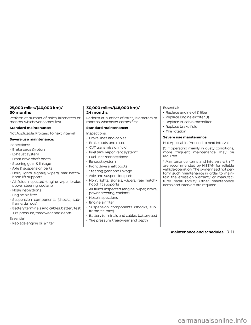 NISSAN MAXIMA 2023  Owners Manual 25,000 miles/(40,000 km)/
30 months
Perform at number of miles, kilometers or
months, whichever comes first.
Standard maintenance:
Not Applicable. Proceed to next interval
Severe use maintenance:
Insp