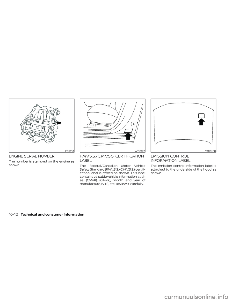 NISSAN MAXIMA 2023 Owners Manual ENGINE SERIAL NUMBER
The number is stamped on the engine as
shown.
F.M.V.S.S./C.M.V.S.S. CERTIFICATION
LABEL
The Federal/Canadian Motor Vehicle
Safety Standard (F.M.V.S.S./C.M.V.S.S.) certifi-
cation NISSAN MAXIMA 2023 Owners Manual ENGINE SERIAL NUMBER
The number is stamped on the engine as
shown.
F.M.V.S.S./C.M.V.S.S. CERTIFICATION
LABEL
The Federal/Canadian Motor Vehicle
Safety Standard (F.M.V.S.S./C.M.V.S.S.) certifi-
cation