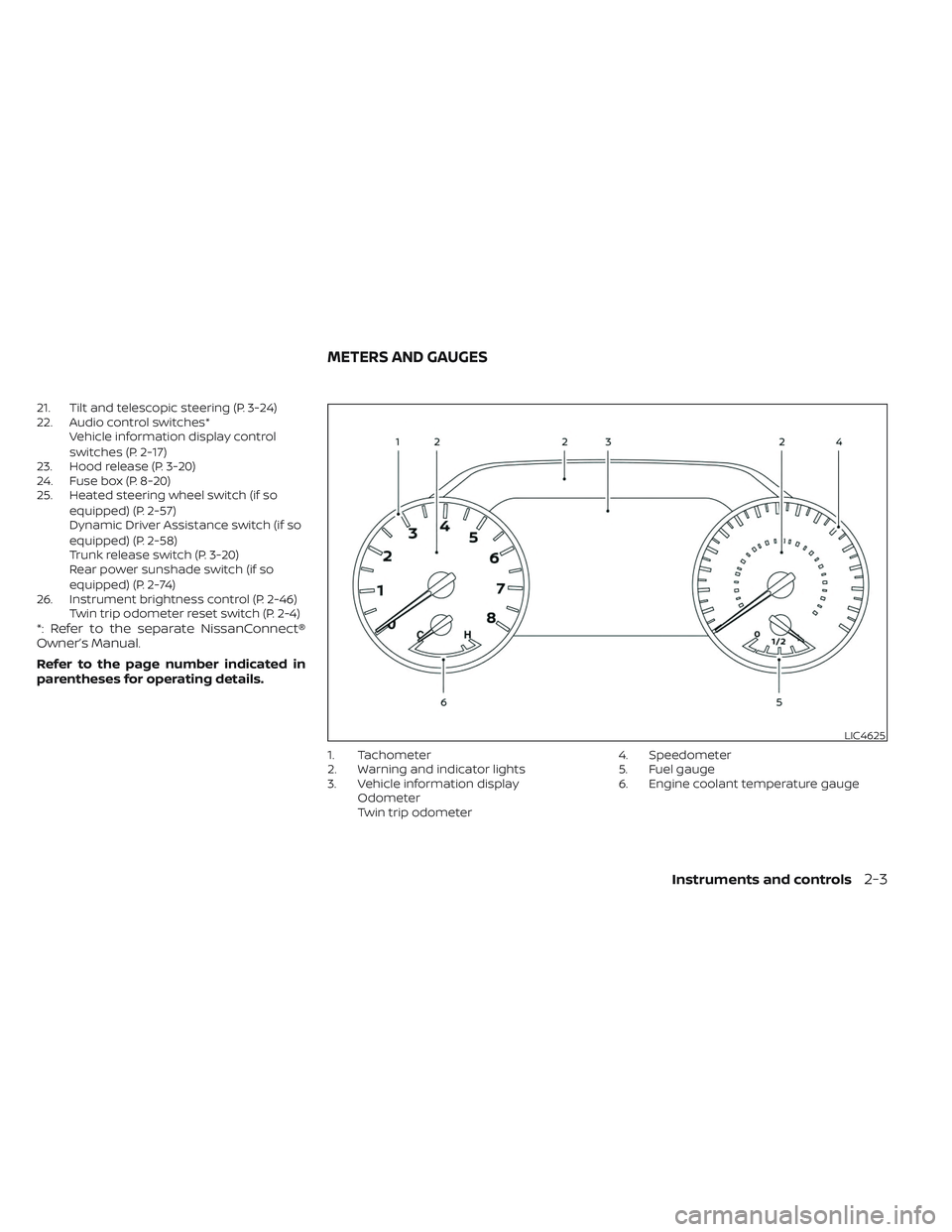 NISSAN MAXIMA 2023  Owners Manual 21. Tilt and telescopic steering (P. 3-24)
22. Audio control switches*Vehicle information display control
switches (P. 2-17)
23. Hood release (P. 3-20)
24. Fuse box (P. 8-20)
25. Heated steering wheel